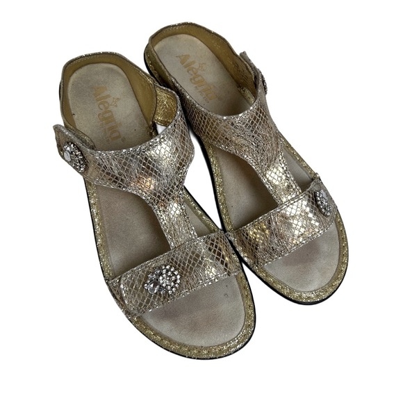 Alegria Genuine Leather Gold Sandals Adjustable Straps Rhinestones 39 9 - Picture 1 of 11